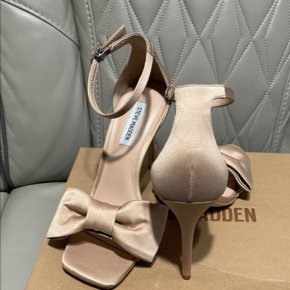 Steve Madden Satin Bow Ankle-Strap Heels in Blush Pink